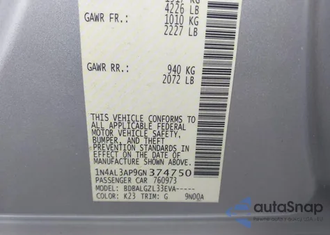 2016 Nissan Altima 2.5/2.5 S/2.5 Sl/2.5 Sr/2.5 Sv z USA, uszkodzony, nr VIN 1N4AL3AP9GN374750